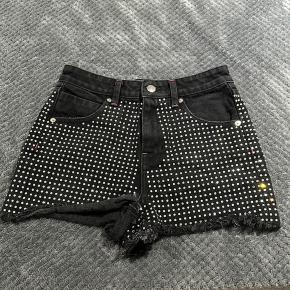 Frankie B. Black Rhinestone Beaded Crystal mini jean shorts - Picture 1 of 2